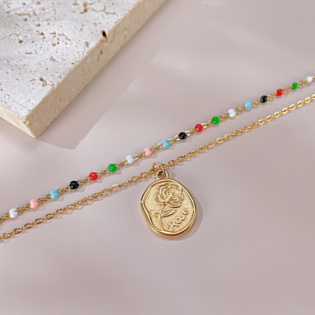 Colier inox dublu cu margele si trandafir [10]