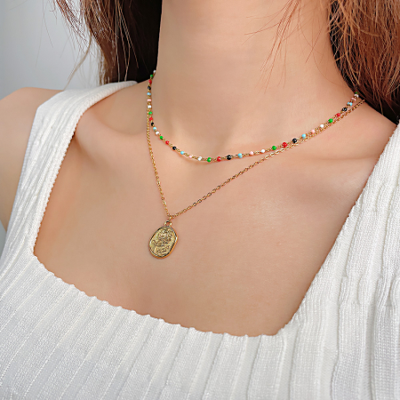 Colier inox dublu cu margele si trandafir [13]