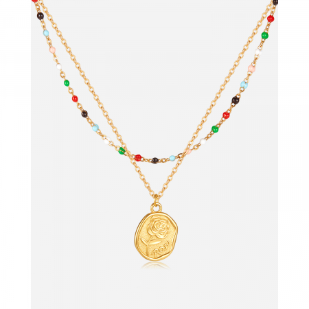 Colier inox dublu cu margele si trandafir [14]