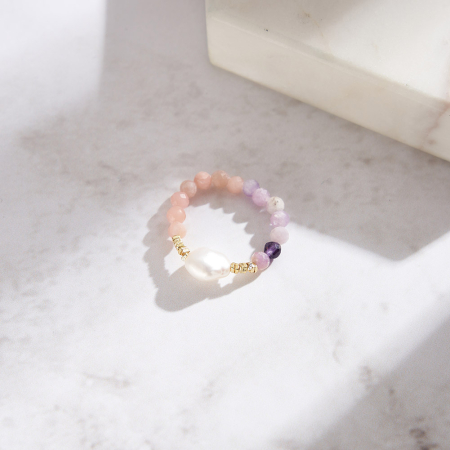 Inel argint 925 elastic placat cu aur 14K cu perle naturale si opal si mica naturale [2]