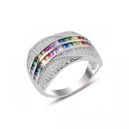 Inel argint Baguette cu zirconii multicolore, placat cu rodiu