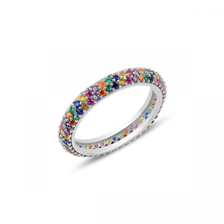Inel argint Eternity cu 3 randuri de zirconii multicolore, placat cu rodiu