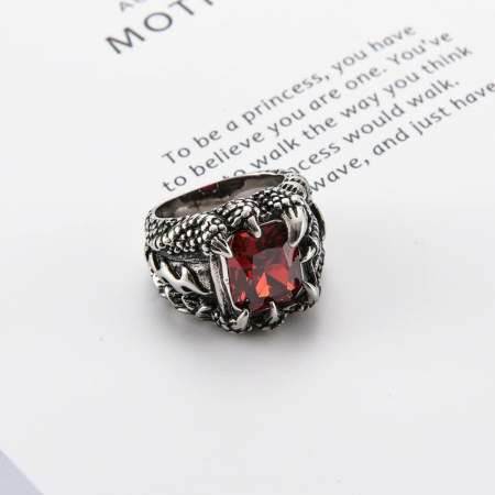 Inel inox argintiu gheara de dragon cu zirconiu rosu [9]