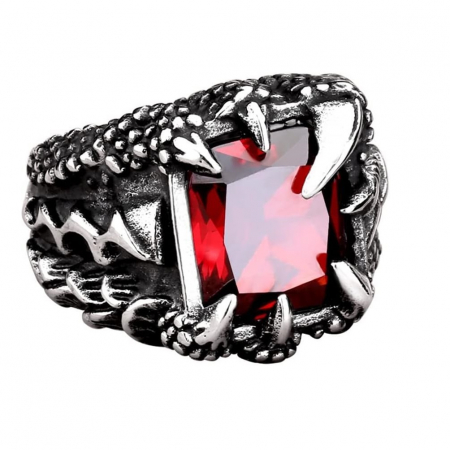Inel inox argintiu gheara de dragon cu zirconiu rosu [2]