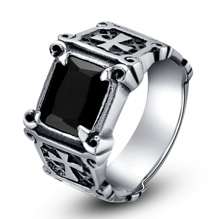 Inel inox cu zirconiu negru si cruce [10]