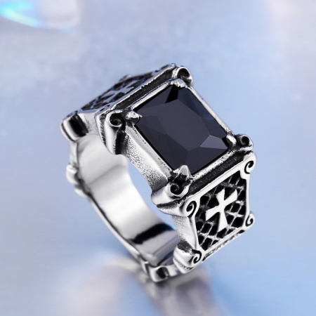 Inel inox cu zirconiu negru si cruce [4]