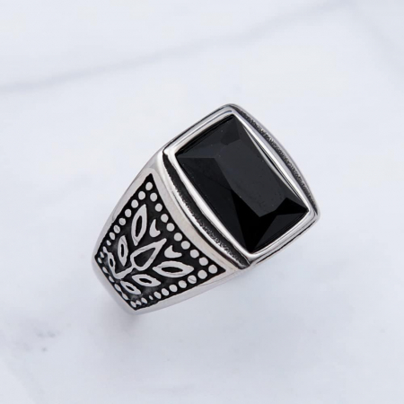 Inel inox cu zirconiu negru si frunze [7]