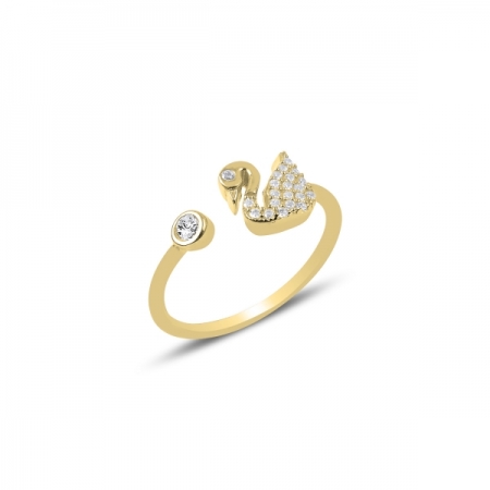 Inel reglabil din argint placat cu aur, cu zirconii albe si lebada [0]