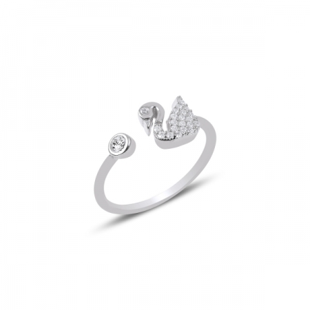 Inel reglabil din argint placat cu rodiu, cu zirconii albe si lebada [0]