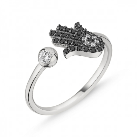 Inel reglabil din argint placat cu rodiu cu zirconii si Fatima (Hamsa) [0]