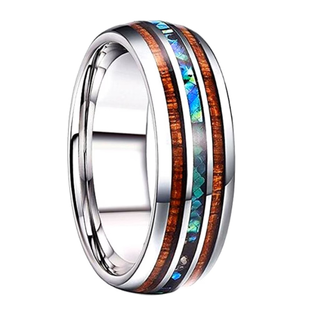 Inel inox cu insertie de Abalone si Lemn Hawaiian