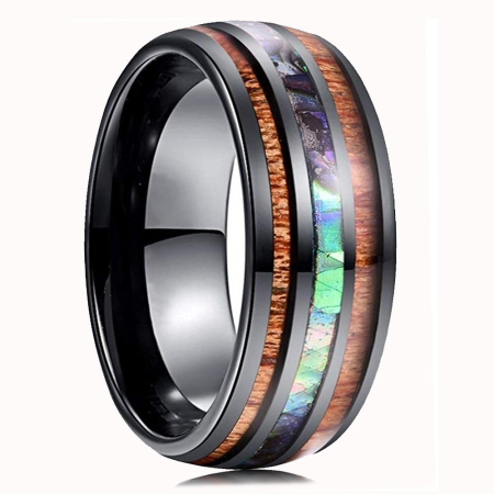 Inel inox negru cu insertie de Abalone si Lemn Hawaiian [2]