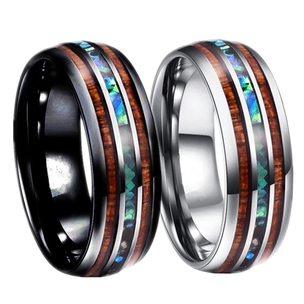 Inel inox negru cu insertie de Abalone si Lemn Hawaiian [9]
