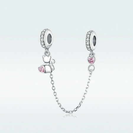 Lant de siguranta bratara cu pisicuta si inimioare roz argint [4]