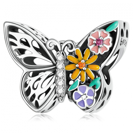 Pandantiv argint fluturas si flori colorate