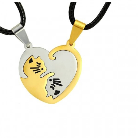 Set 2 coliere cu pisicute Ying si Yang in forma de inima