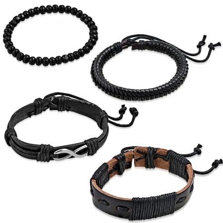 Set 4 bratari piele neagra cu infinitl si margele lemn BSL3314 [0]
