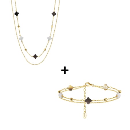 Set argint 925 colier si bratara placate cu aur 14K cu pandantive din sidef Trifoi cu Patru Foi