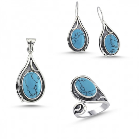 Set argint 925 lucrat manual cu pietre de turcoaz si Inel Reglabil  - Be Elegant [0]