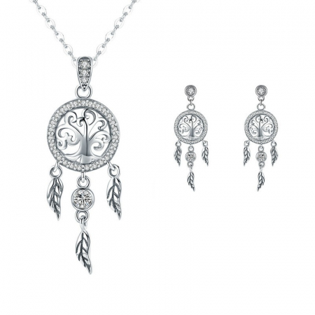 Set argint cercei si colier cu Dreamcatcher si Copacul Vietii