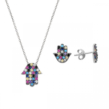 Set argint placat cu rodiu, cu Mana lui Fatima (Hamsa) si cristale