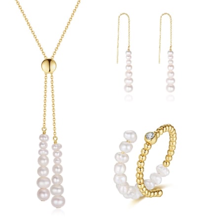 Set colier, cercei si inel argint 925 placat cu aur 14K cu perle naturale