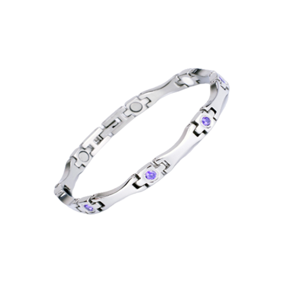 Bratara inox argintie cu zirconii, magneti, turmalina, germaniu si anioni