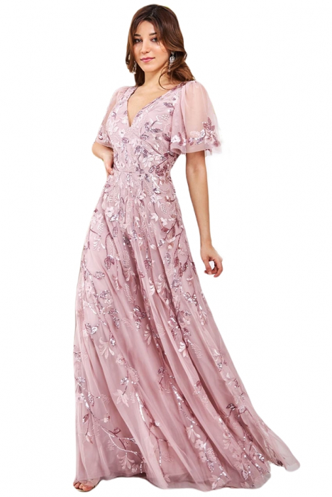 Rochie de ocazie sau banchet, din dantela brodata cu paiete, lunga, cu maneca scurta cod 3279b [2]