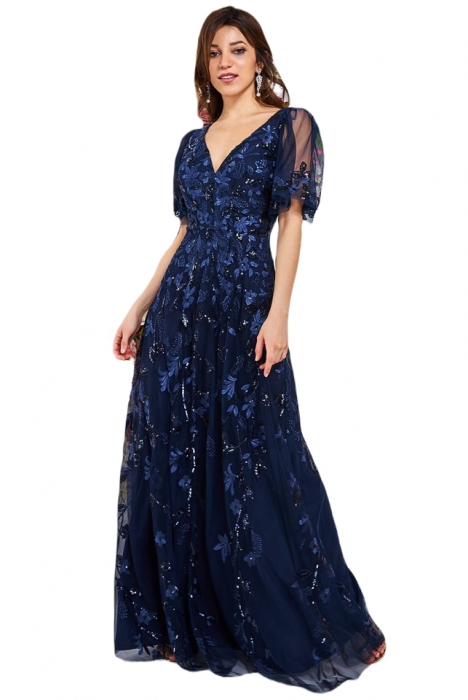 Rochie de ocazie sau banchet, din dantela brodata cu paiete, lunga, cu maneca scurta cod 3279n [2]