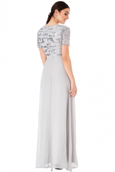 Rochie lungă, culoare argintie, din chiffon, cu bust din dantelă și aplicații din paiete [3]