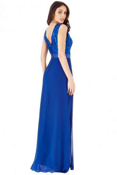 Rochie lungă, culoarea blue royal, cu bust din dantelă, mesh și paiete [3]