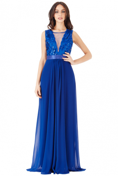 Rochie lungă, culoarea blue royal, cu bust din dantelă, mesh și paiete [1]