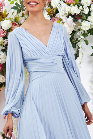 Rochie pentru petrecere sau banchet, cu maneca lunga si fusta din voal plisat, lunga culoarea blue [1]