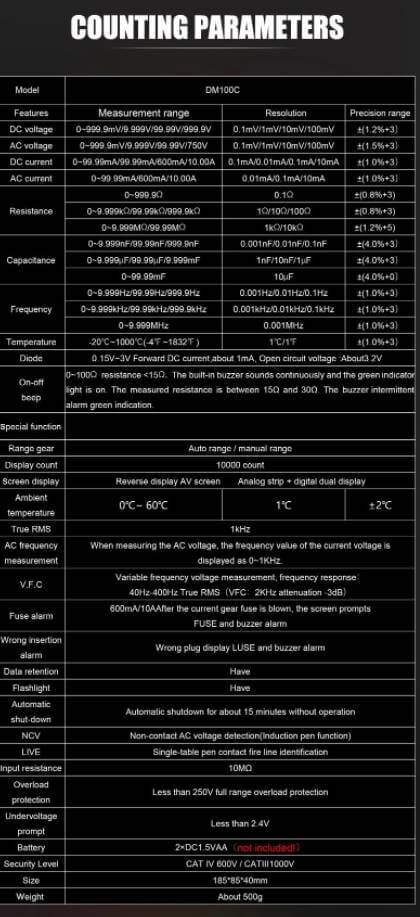 Specificatii Multimetru Mestek DM100C - bitmi