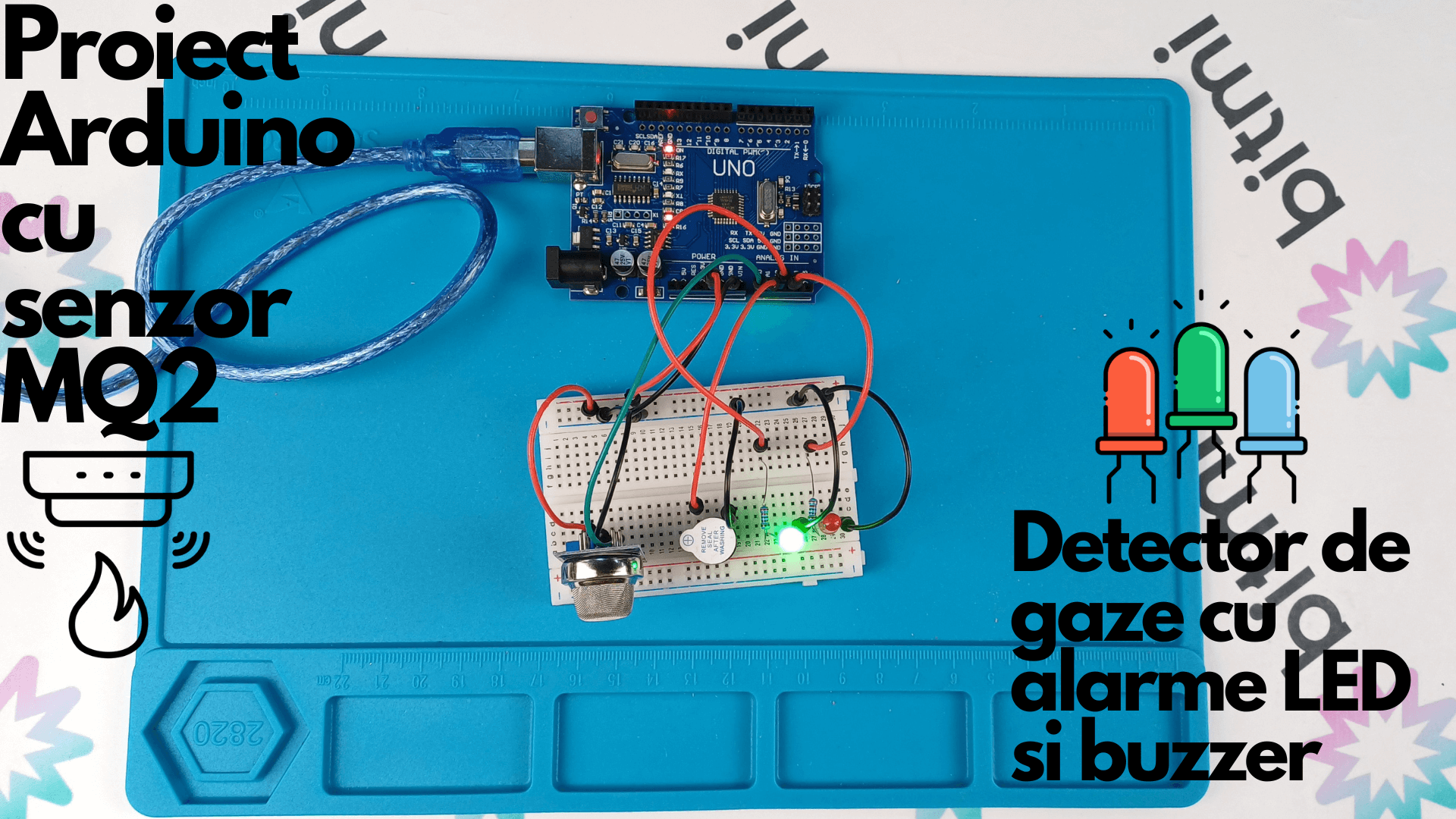 Proiect Arduino cu senzor MQ2: Detector de gaze cu alarme LED si buzzer