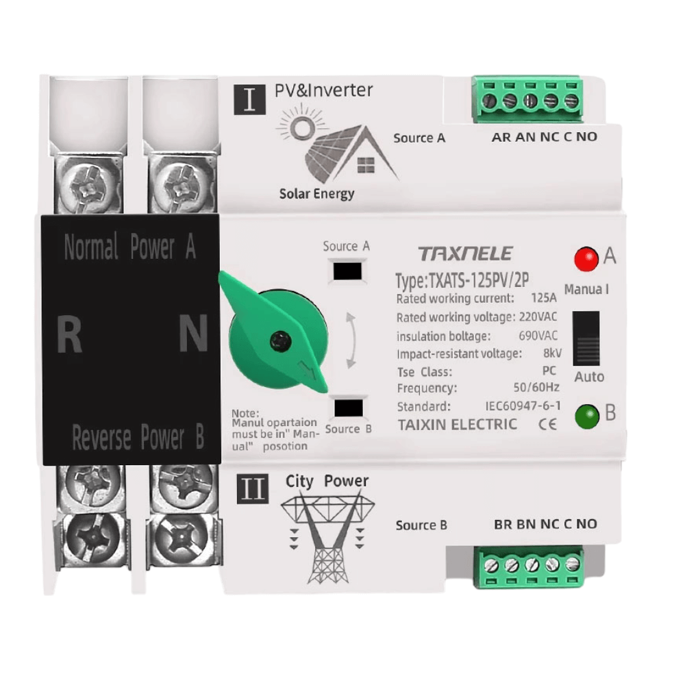 Comutator ATS monofazic pentru panouri fotovoltaice, 230V, 125A, TAXNELE TXATS-125APV-2P