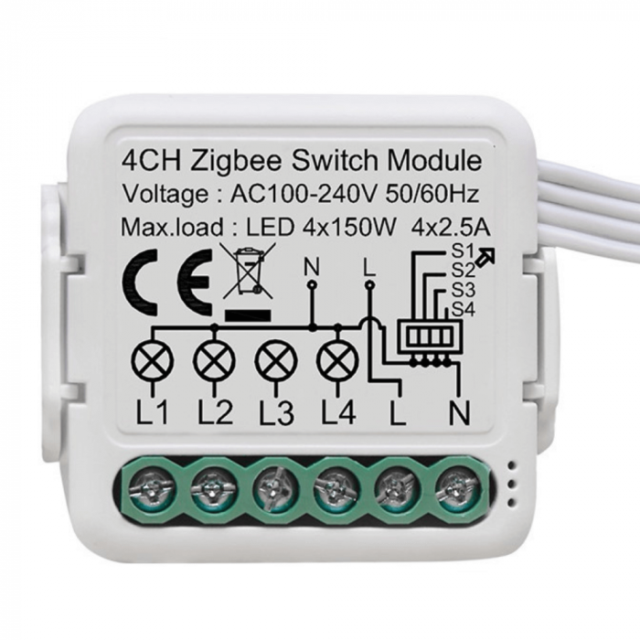 Comutator Smart pentru iluminat, 4 canale, cu nul, Zigbee, 220V, 2.4GHz
