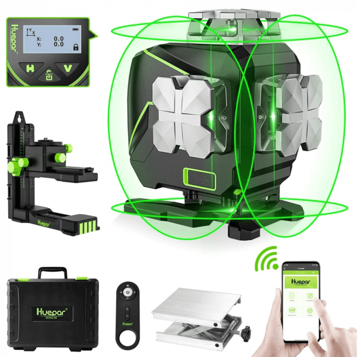 Nivela laser 16 linii cu fascicul verde, ecran LCD, Bluetooth, accesorii incluse Huepar S04CG [3]