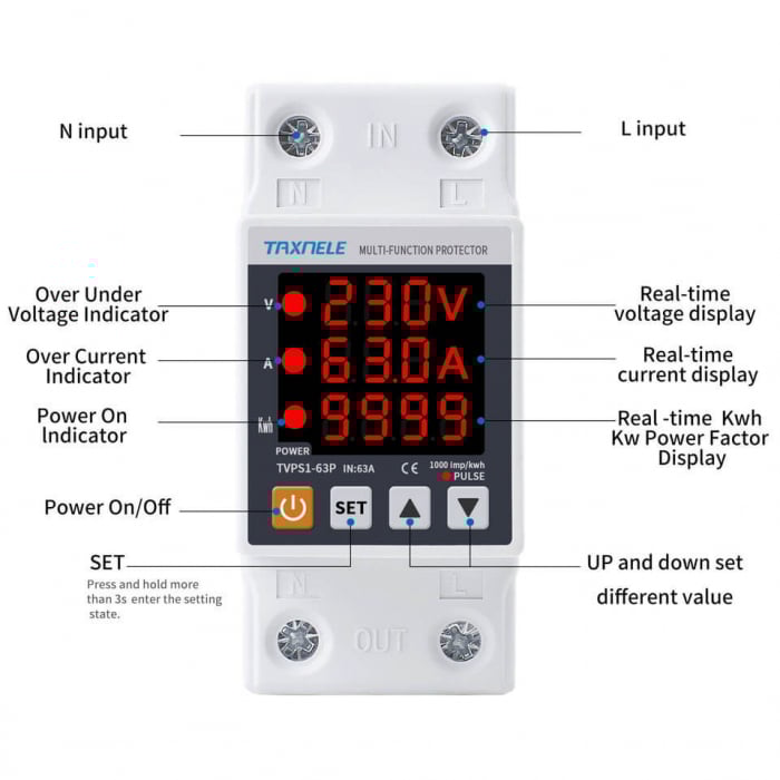 Releu de protectie la tensiune si curent cu monitorizare consum, 220V 63A, TAXNELE TVPS1-63P [3]