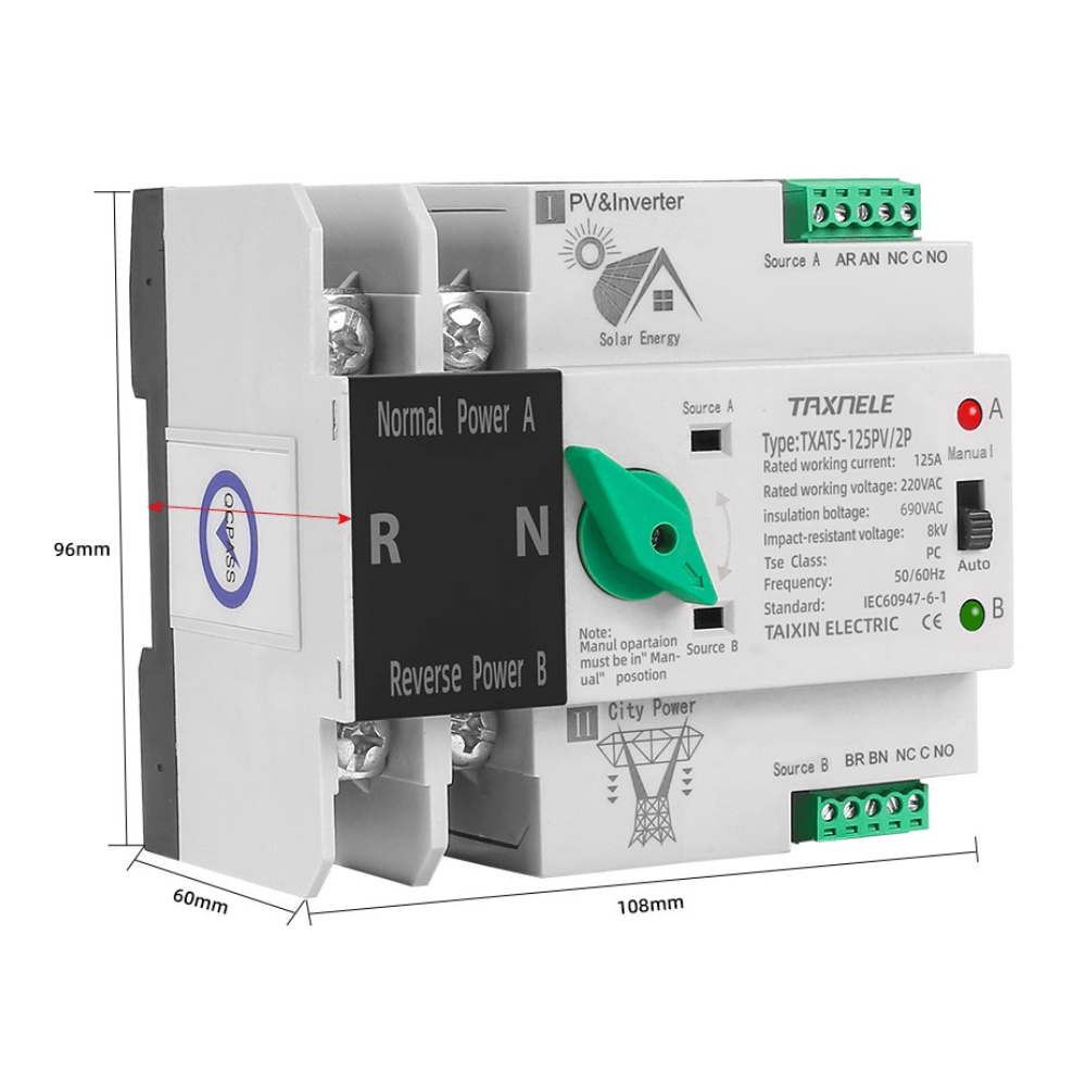 Comutator ATS monofazic pentru panouri fotovoltaice, 230V, 125A, TAXNELE TXATS-125APV-2P [2]
