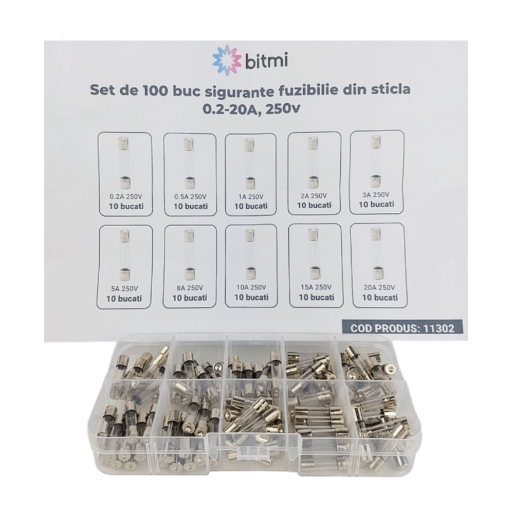 Set de 100 buc sigurante fuzibile din sticla 0.2-20A, 250V, Bitmi 11302