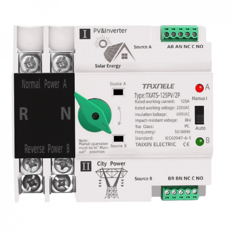 Electrice - Comutator ATS monofazic pentru panouri fotovoltaice, 230V, 125A, TAXNELE TXATS-125APV-2P