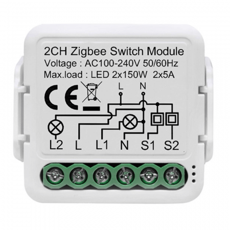 Smart Home - Comutator Smart pentru iluminat, 2 canale, cu nul, Zigbee, 220V, 2.4GHz