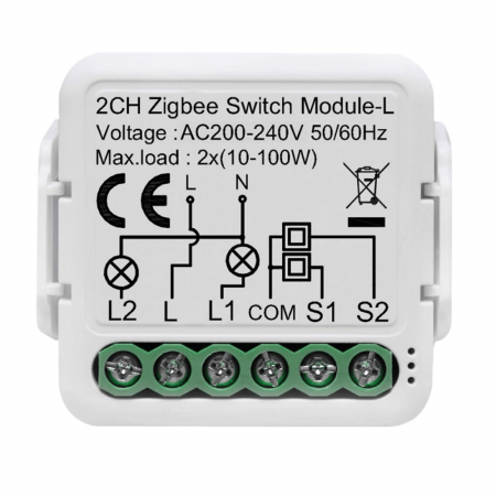 Smart Home - Comutator Smart pentru iluminat, 2 canale, fara nul, Zigbee, 220V, 2.4GHz
