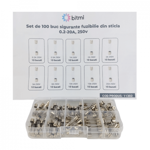 Componente Electronice - Set de 100 buc sigurante fuzibile din sticla 0.2-20A, 250V, Bitmi 11302