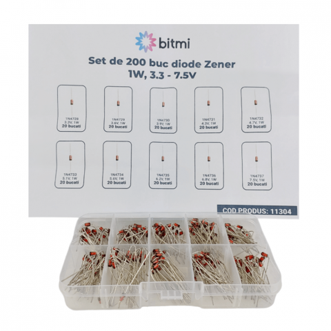 Set de 200 buc diode Zener 1W, 3.3-7.5V, Bitmi 11304