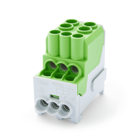 Blocuri de Distributie - Bloc distributie PE, Cu, 1 pol, 100A, 2x25/6x10 mmp, verde-galben, SCHRACK IKB01025PE