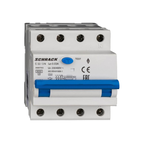 Sigurante Diferentiale RCBO - Intrerupator automat diferential 3+N, AMPARO, 6kA, C 32A, 30mA, tip A, SCHRACK AK667832