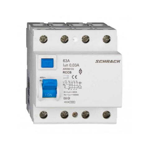 Protectii diferentiale RCCB - Diferential AMPARO (10kA), 63A, 4-poli, 30mA, tip A, SCHRACK AR056103