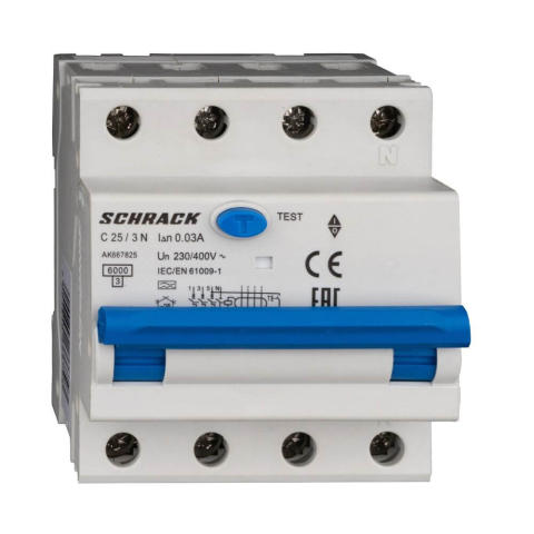 Sigurante Diferentiale RCBO - Siguranta automata diferentiala 3+N, 6kA, AMPARO, C 25A, 30mA, tip A, SCHRACK AK667825